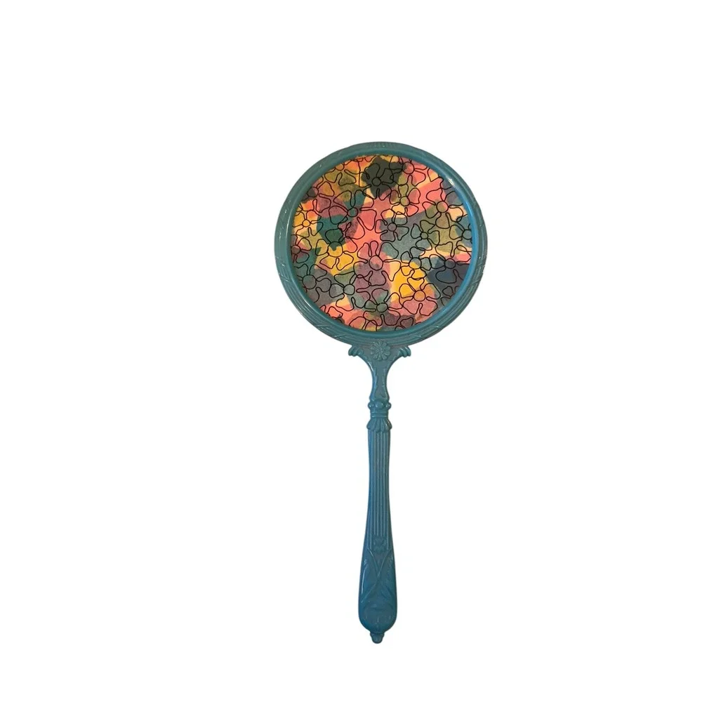 Vtg 60s Teal Blue Hand Mirror Floral Stained Glass Pattern Ornate Handle Retro